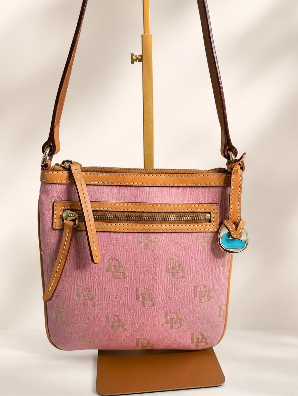 Dooney & Bourke Pink Signature Letter Carrier Crossbody Blue Duck Charm